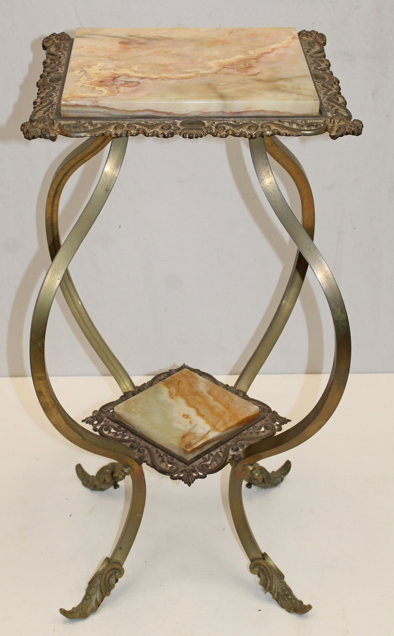 Victorian brass taboret w marble top and bottom shelf - 31" tall x 16" square top (1 of 5)