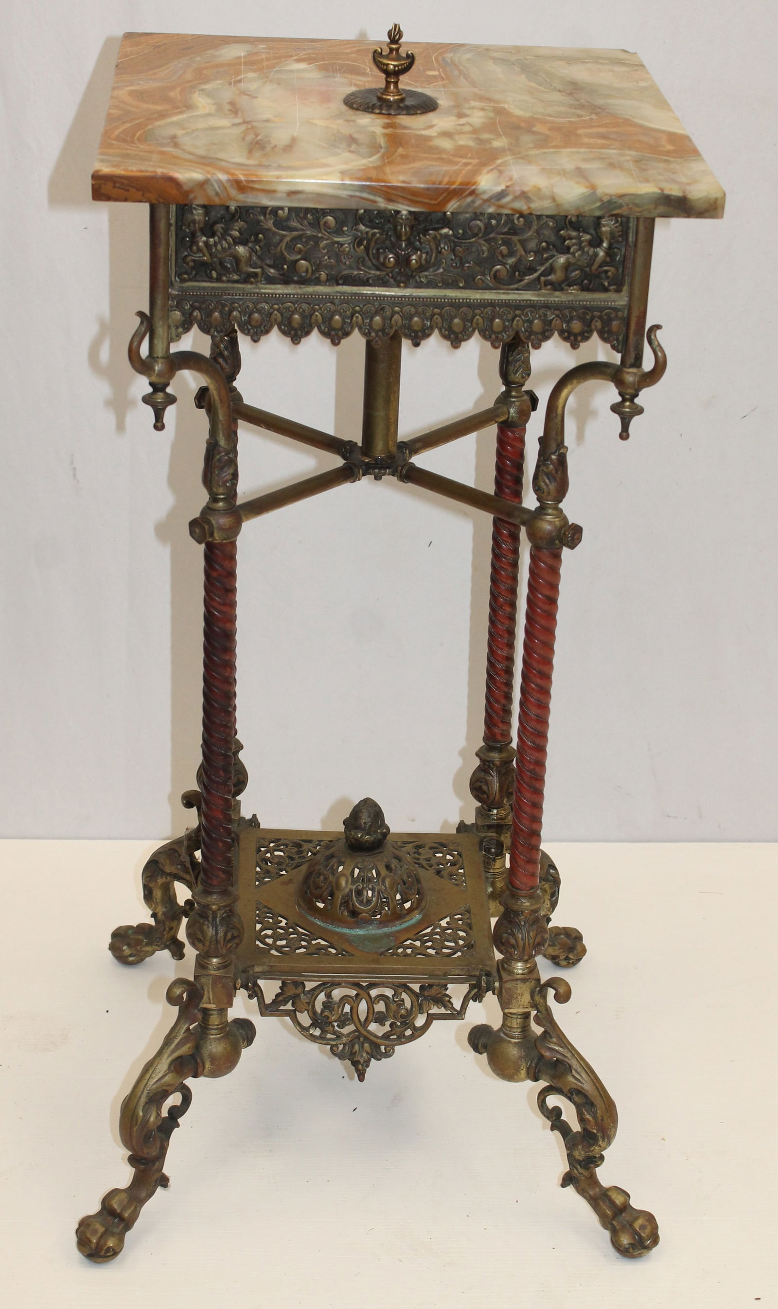 Victorian fancy brass taboret w marble top - 32" tall x 15" square top (1 of 5)