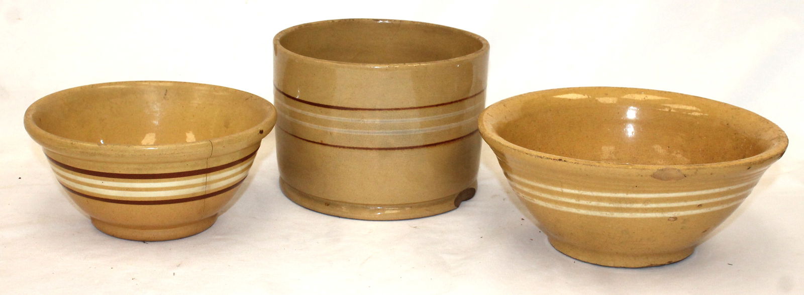 Lot of 3 pieces of antique yellowware incl 2 bowls 8"&9 1/2" plus an 8" diam x 5" tall butter crock (1 of 7)