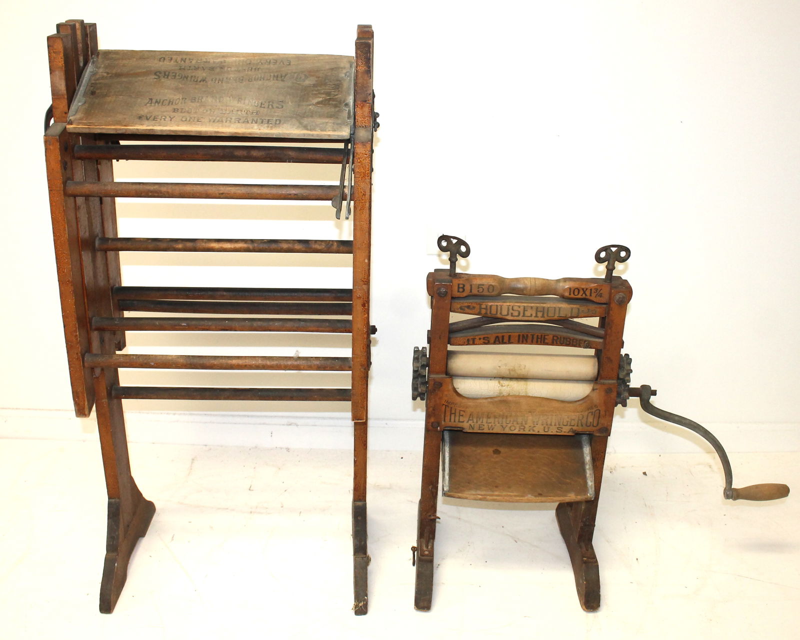 Lot of 2 antique clothes washing utility items incl folding drying rack & small wringer (1 of 8)