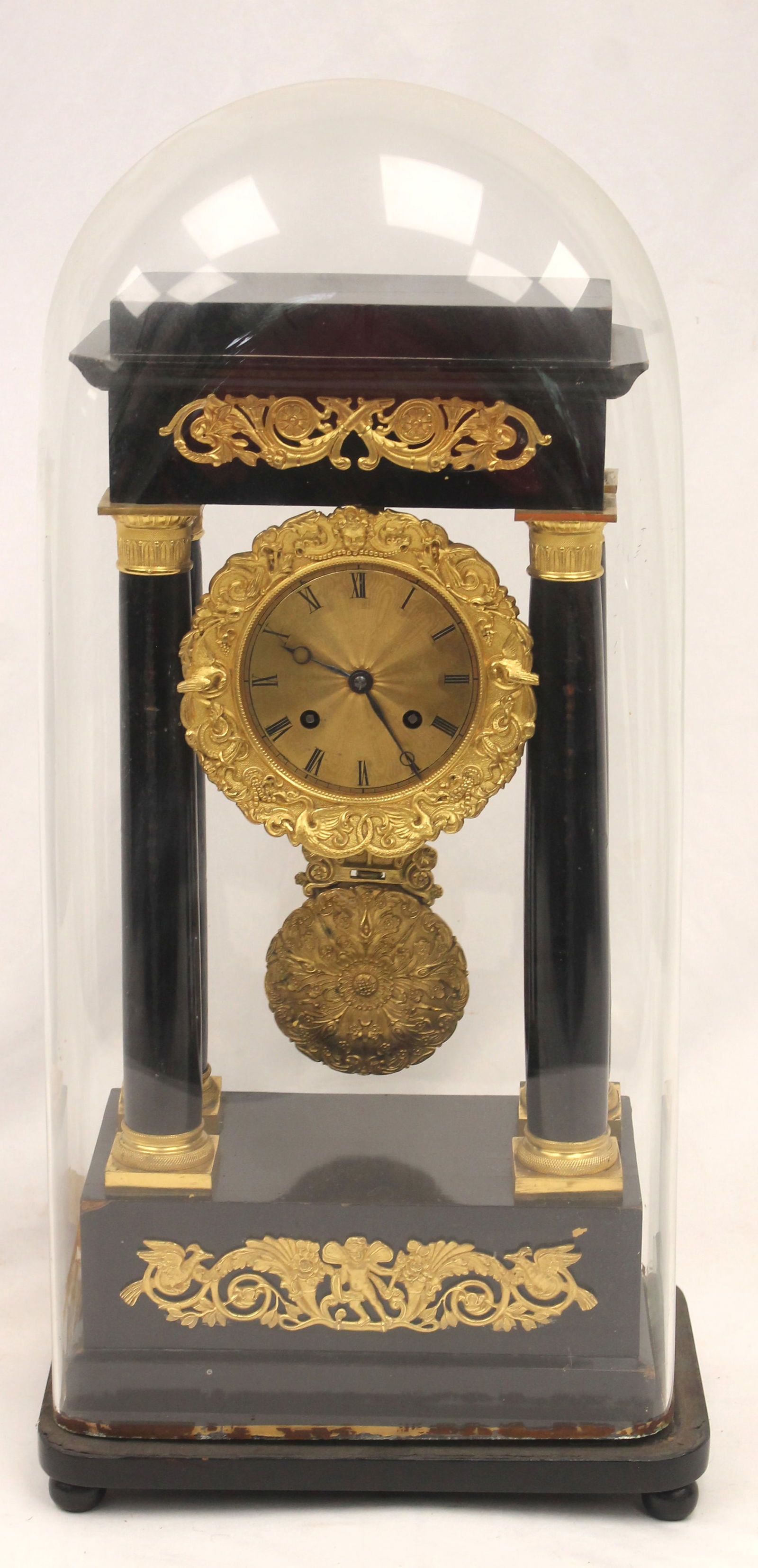 Victorian wood & ormulu mounted clock under glass dome - 25" tall: Victorian wood & ormulu mounted clock under glass dome - 25" tall