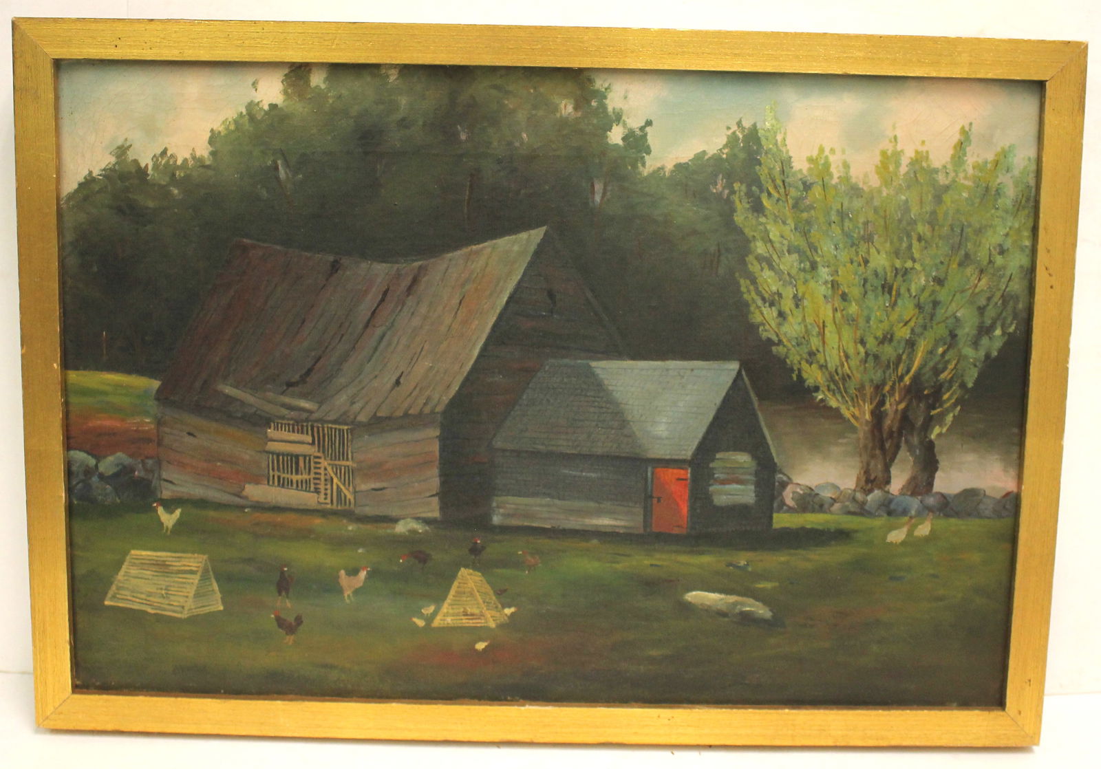 Early 20thC o/c farm scene w chickens & barn - overall framed size 13 1/4"x19 1/4" (1 of 6)