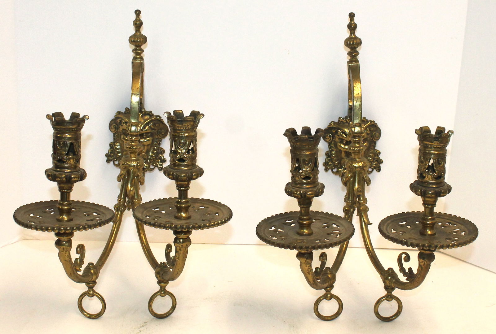 pr of Victorian brass 2 socle wall sconces w lions motif - 15" tall (1 of 7)