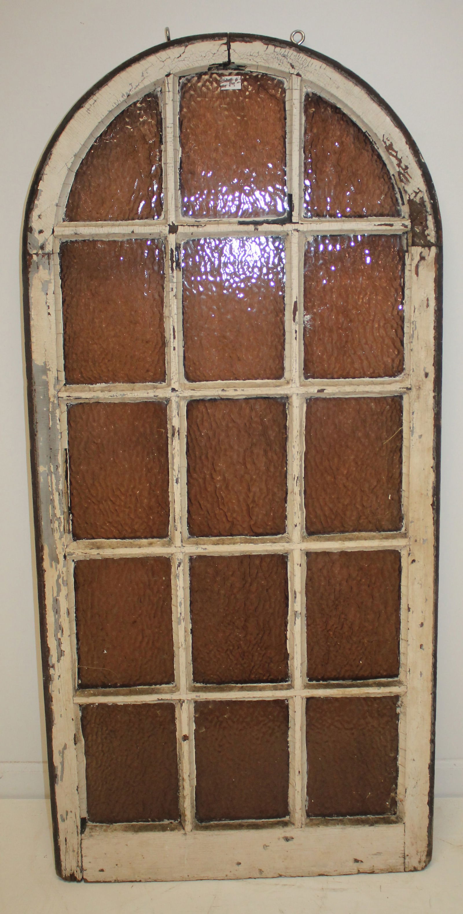 Antique wooden framed leaded glass window w arched top - 54 1/2"x25 1/2" (1 of 6)