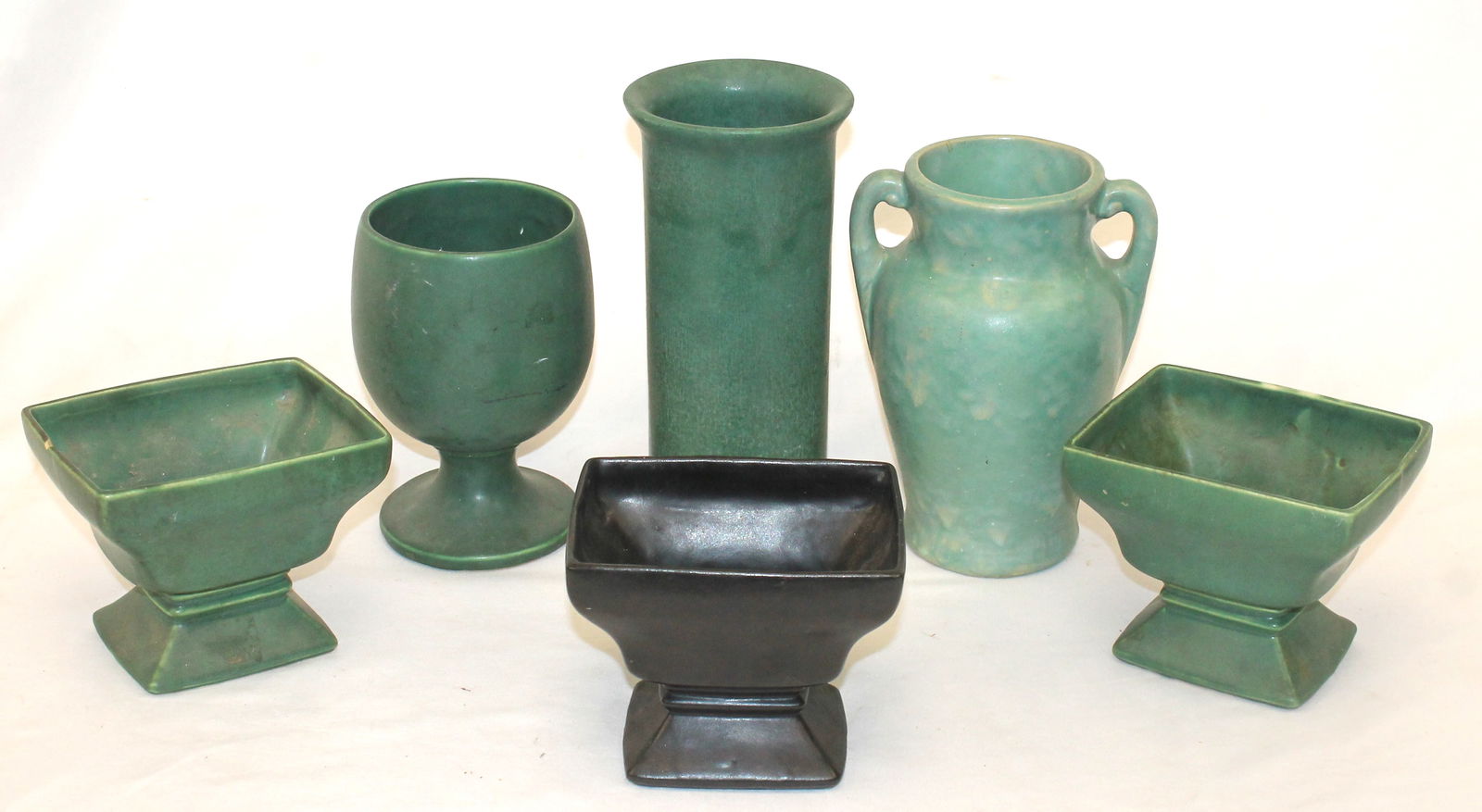 Lot of 5 green (& 1 black) pottery vases & compotes incl some McCoy - vases are 7", 8 1/4" & 9 3/4" (1 of 5)