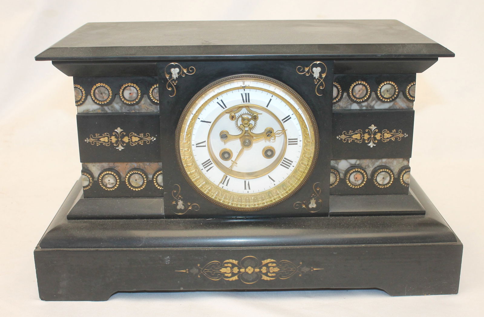 Antique slate & marble mantle clock w ormulu inlaid dec - 15" wide x 8" tall x 7" deep (1 of 6)