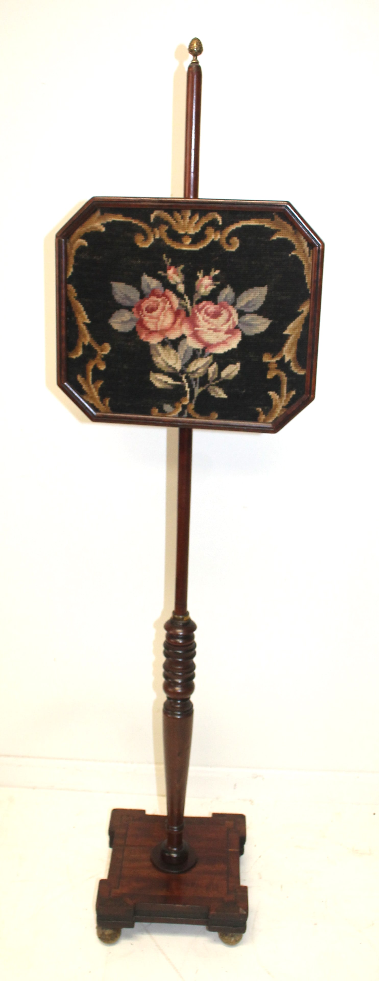 Victorian adjustable firescreen on pole w needlepoint floral screen & pineapple finial (1 of 6)