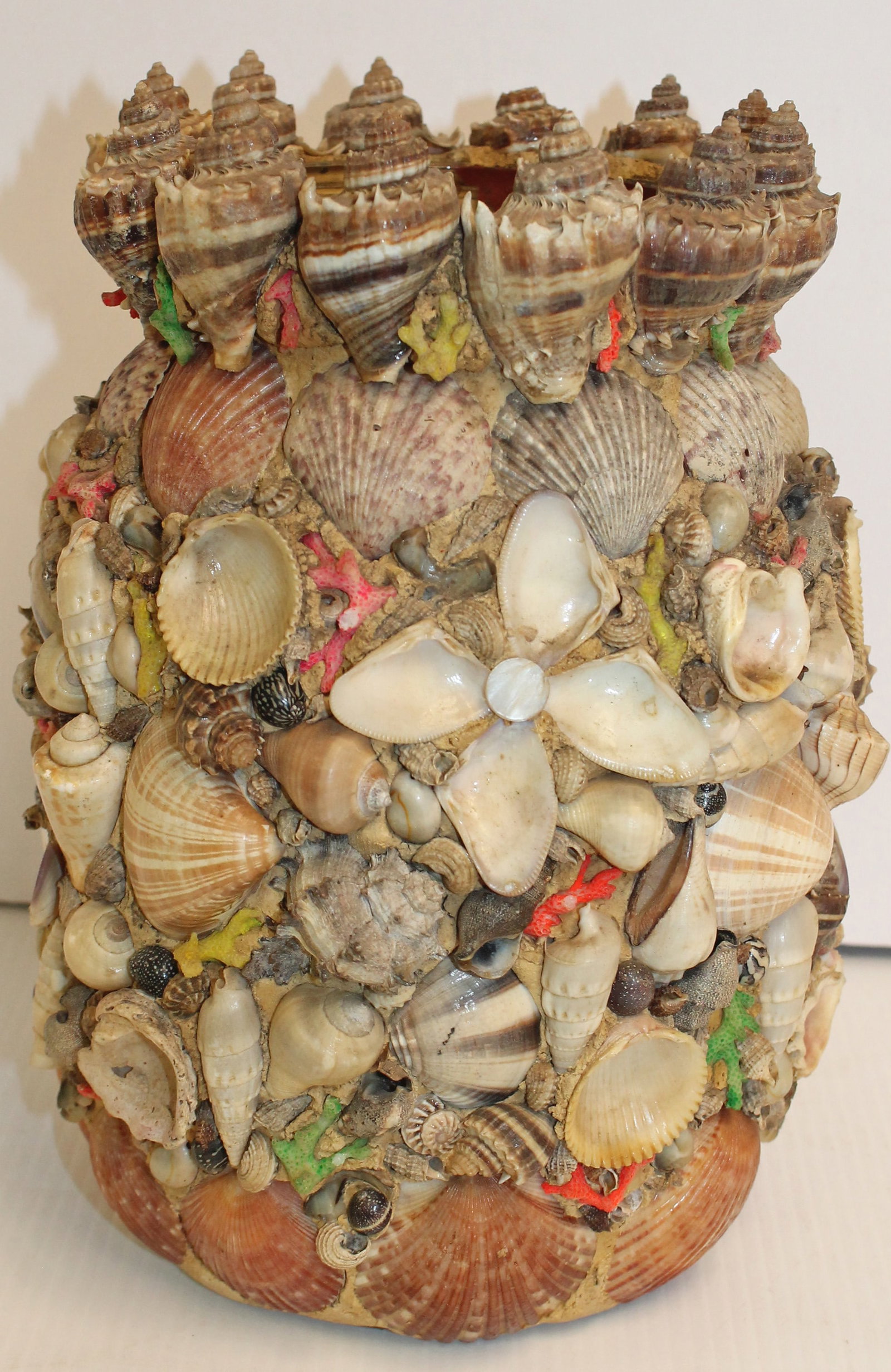 Interesting seashell covered glass vase - possibly sailor made - 10 1/2" tall x 7" diam: Interesting seashell covered glass vase - possibly sailor made - 10 1/2" tall x 7" diam