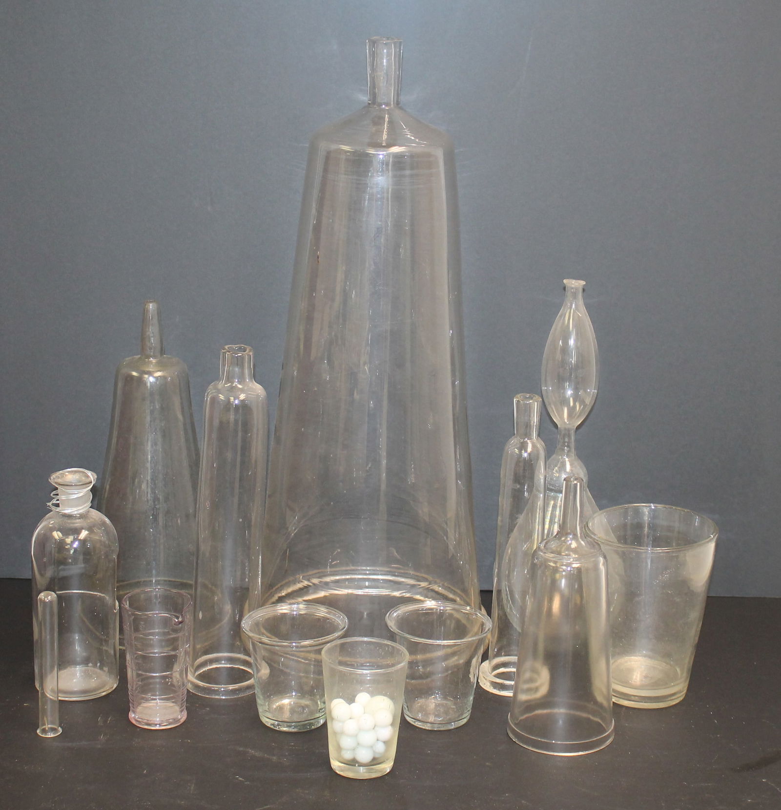 Large lot of clear glass scientific items incl beekers, domes, decanters, tubes, etc (1 of 5)
