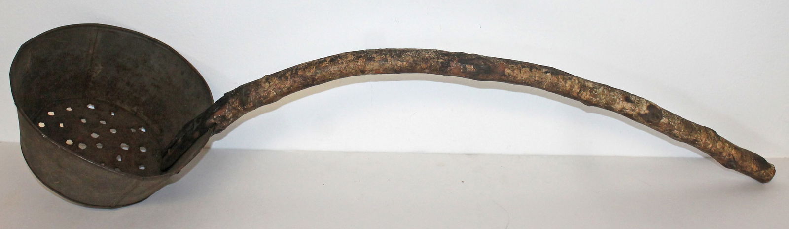 Primitive wooden handled maple sugar dipper - 33 1/2" long w 8 1/2" tin pierced dipper (1 of 5)