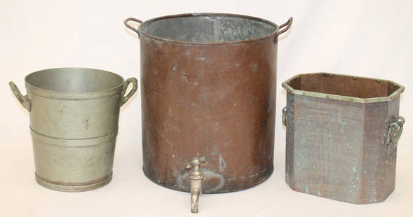 Vintage copper water cooler w spigot together with 2 champagne/wine buckets in brass & copper -: Vintage copper water cooler w spigot together with 2 champagne/wine buckets in brass & copper - cooler is 14" tall x 12 1/2" diam, brass bucket 9" tall x 8 1/2" diam & copper is 9 1/4" tall x 9 1/2"x6