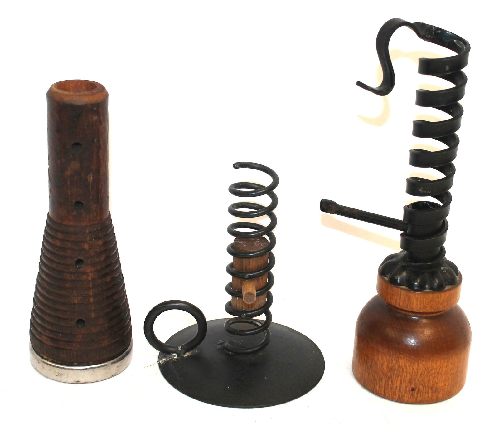 Lot of 3 contemporary primitive style wood & iron candle sticks incl 2 spiral - 5", 7" & 9" tall (1 of 4)