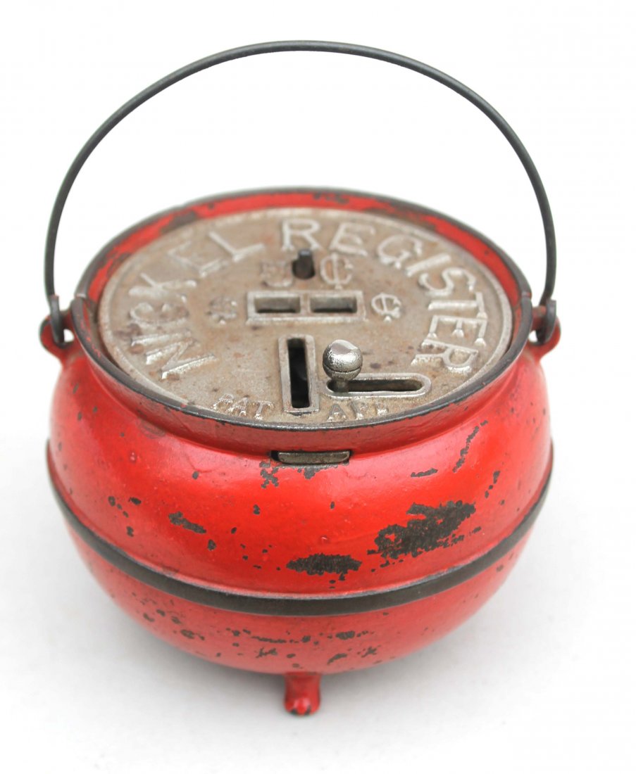 Antique cast iron "Kettle" nickel register still ban: Antique cast iron "Kettle" nickel register still bank 3"x4"