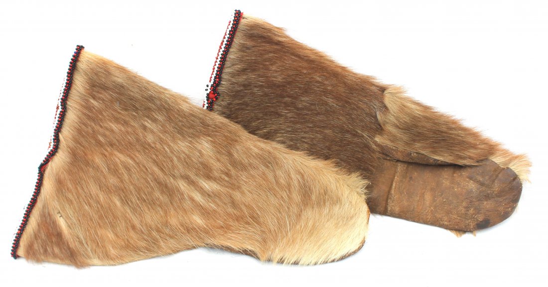pr of seal skin Central Alaska (Sitka area) gauntle: pr of seal skin Central Alaska (Sitka area) gauntlets w beadwork trim - 15" long
