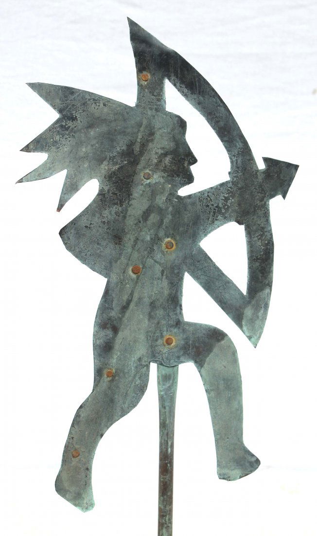 early 20thC Native American shooting a bow and arro: early 20thC Native American shooting a bow and arrow sheet copper weathervane w superb verdigris surface on stand - 26"tall