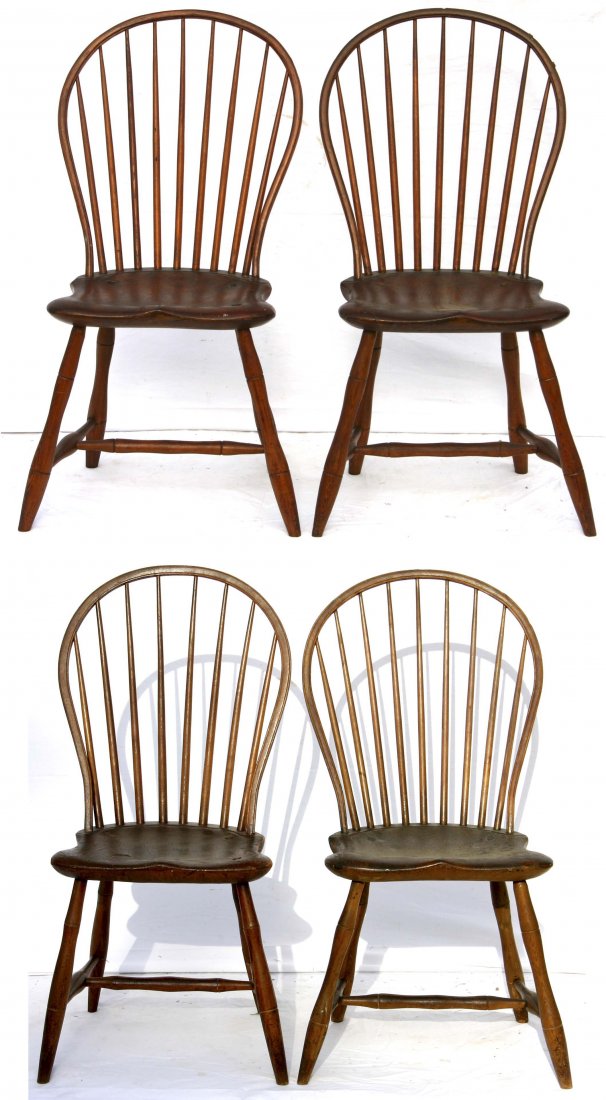 set of 4 very stylish & very strong ca 1790 MA bow: set of 4 very stylish & very strong ca 1790 MA bowback Windsor sidechairs w great shaped saddle seats & curved spindles