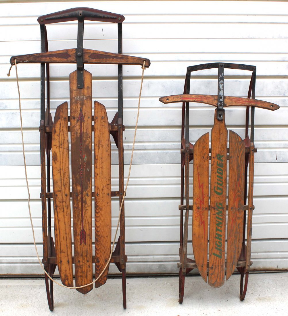 2 antique sleds - 57" Flexible Flyer & a 47" Light: 2 antique sleds - 57" Flexible Flyer & a 47" Lightning Glider