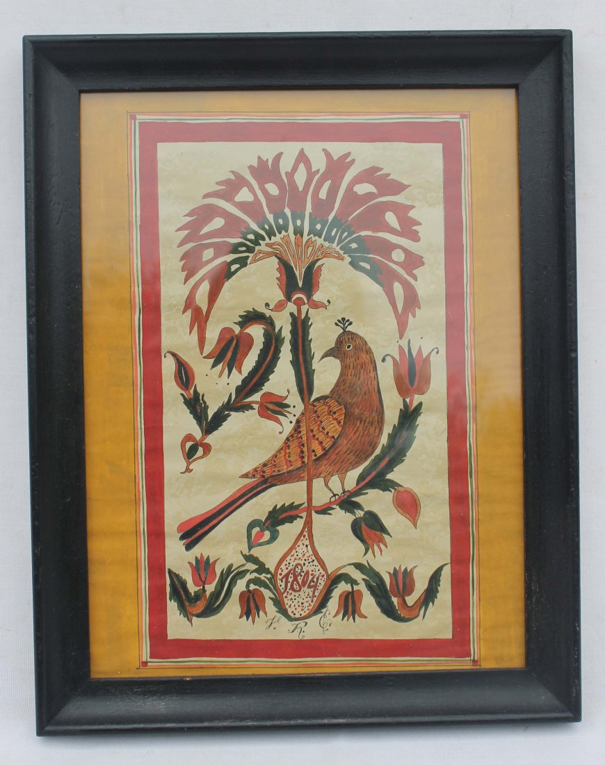 PA dated 1804 fraktur w bird & floral dec sgnd w i: PA dated 1804 fraktur w bird & floral dec sgnd w initials -12"x9"