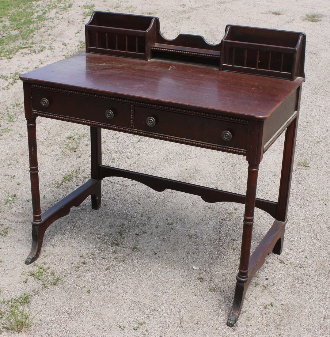 1940's mahog telephone table/ 2 drawer desk w let: 1940's mahog telephone table/ 2 drawer desk w letter & pen holder compartmented top desk w matching chair - 36" long