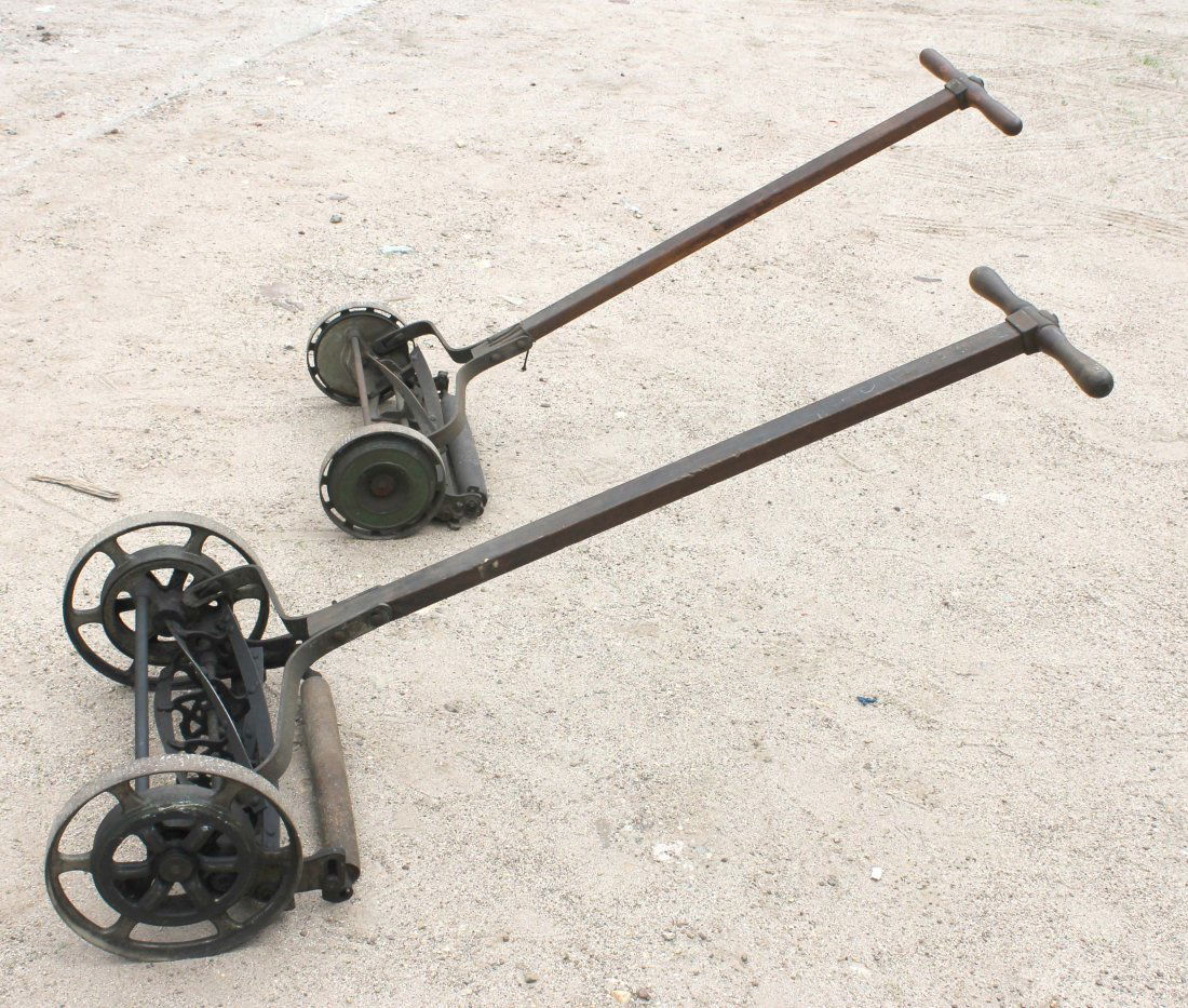380B 2 old fashioned antique push lawn mowers by Blair
