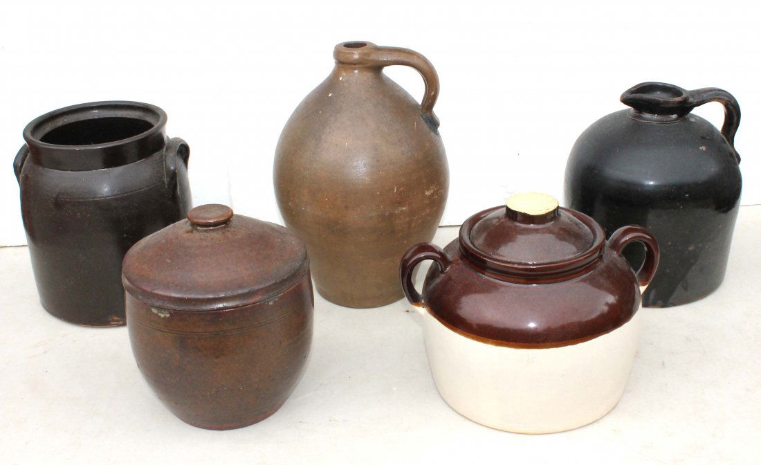 6 antique stoneware/redware jugs & pots - 1 marked: 6 antique stoneware/redware jugs & pots - 1 marked Warner, West Troy- 1 ovoid, etc