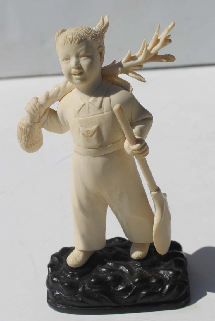 Chinese Cultural Revolution carved ivory female ar: Chinese Cultural Revolution carved ivory female arborist on stand - approx 4 1/2" ivory only