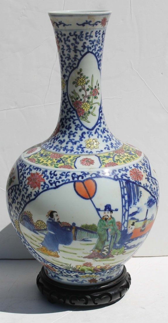 Qing Dynasty multi colored porcelain Wu Can vase w: Qing Dynasty multi colored porcelain Wu Can vase with stand - 17" tall