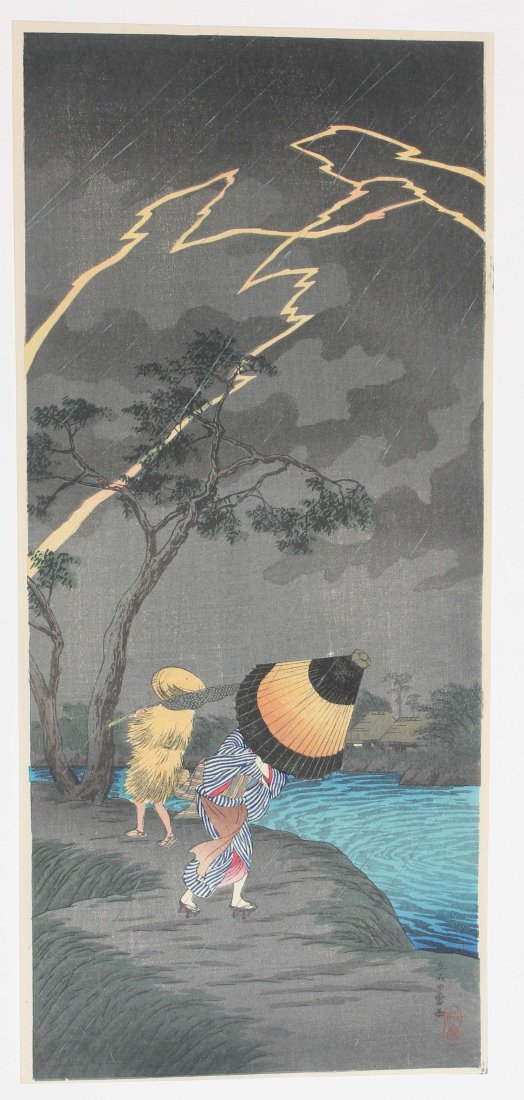 Japanese woodblock print by Shotei of a lightning/: Japanese woodblock print by Shotei of a lightning/rain storm & figures w umbrellas