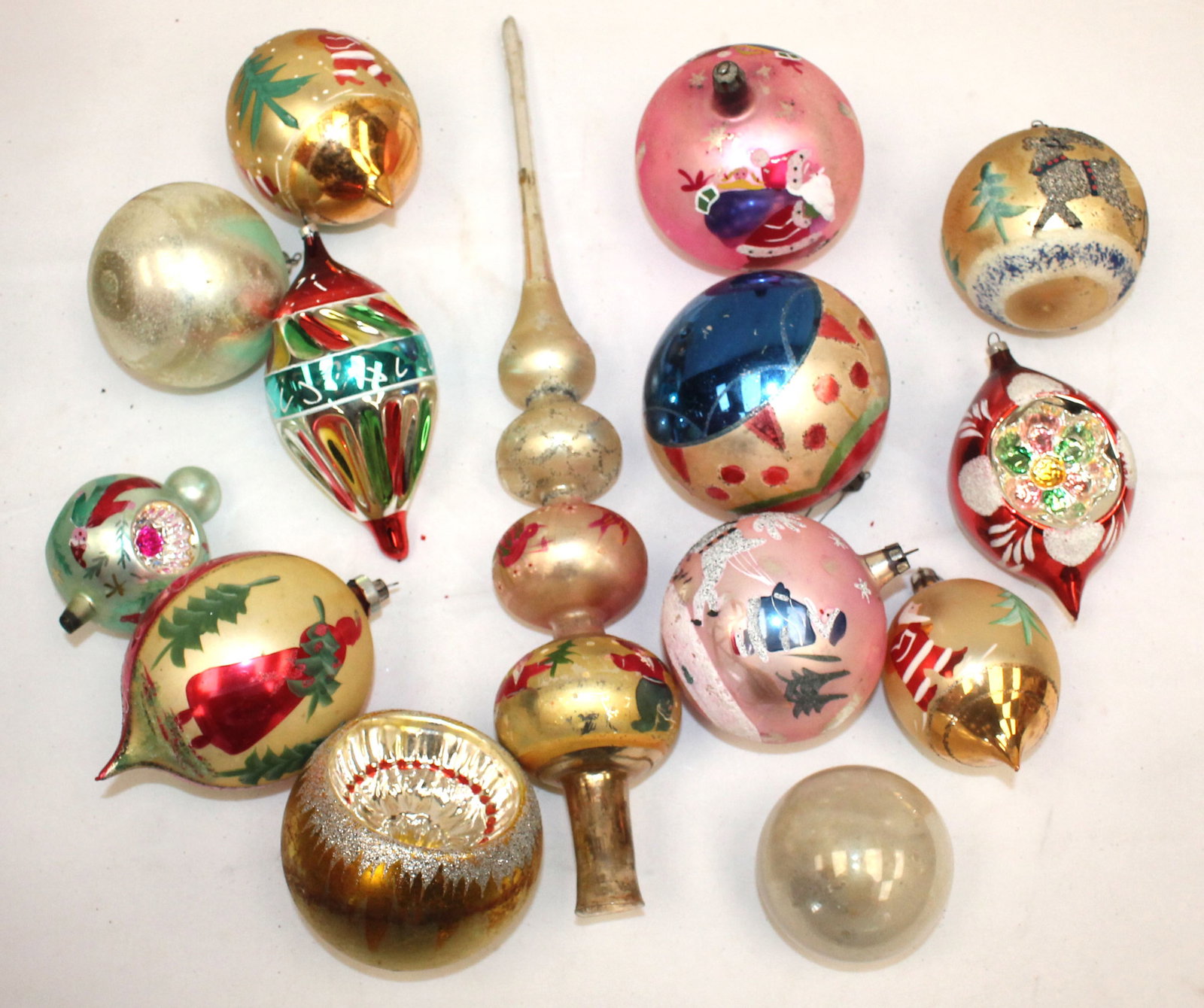 Lot of 12 vintage Polish glass large ornaments plus a tree topper & a kugel: Lot of 12 vintage Polish glass large ornaments plus a tree topper & a kugel