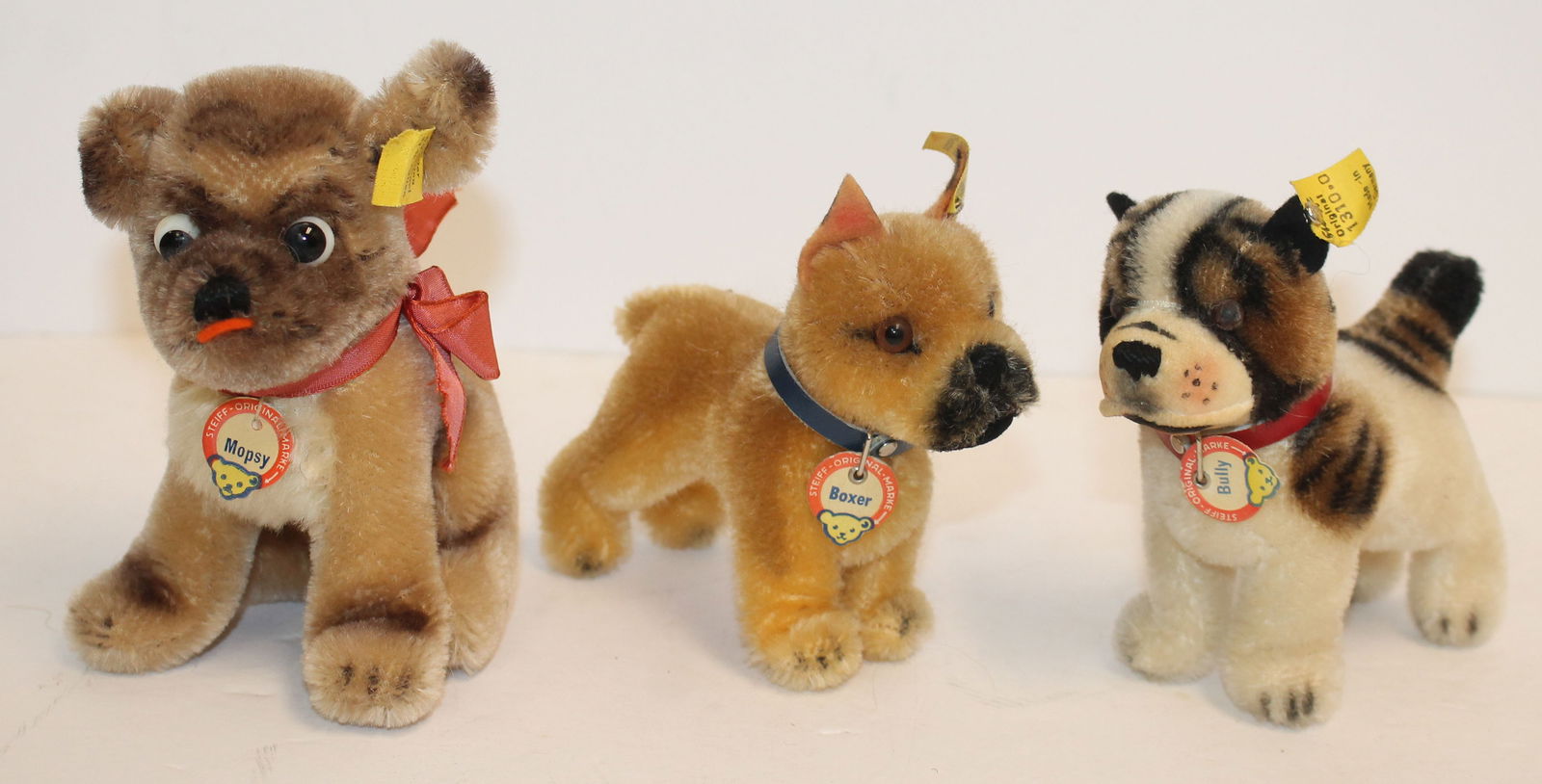 Lot of 3 small Steiff dogs - 5" tall "Mopsy", 4" tall "Boxer" & 4" tall "Bully" - all w orig tags & (1 of 7)