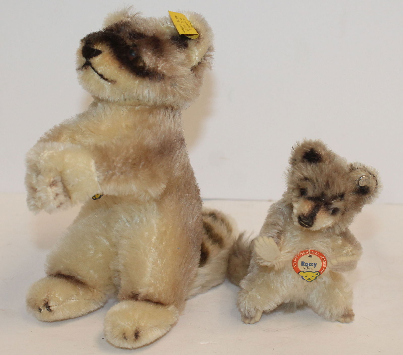 Lot of 2 Steiff raccoons - "Raccy" - 6 1/2" & 3 1/2" - both w orig tags & button in ear (1 of 6)