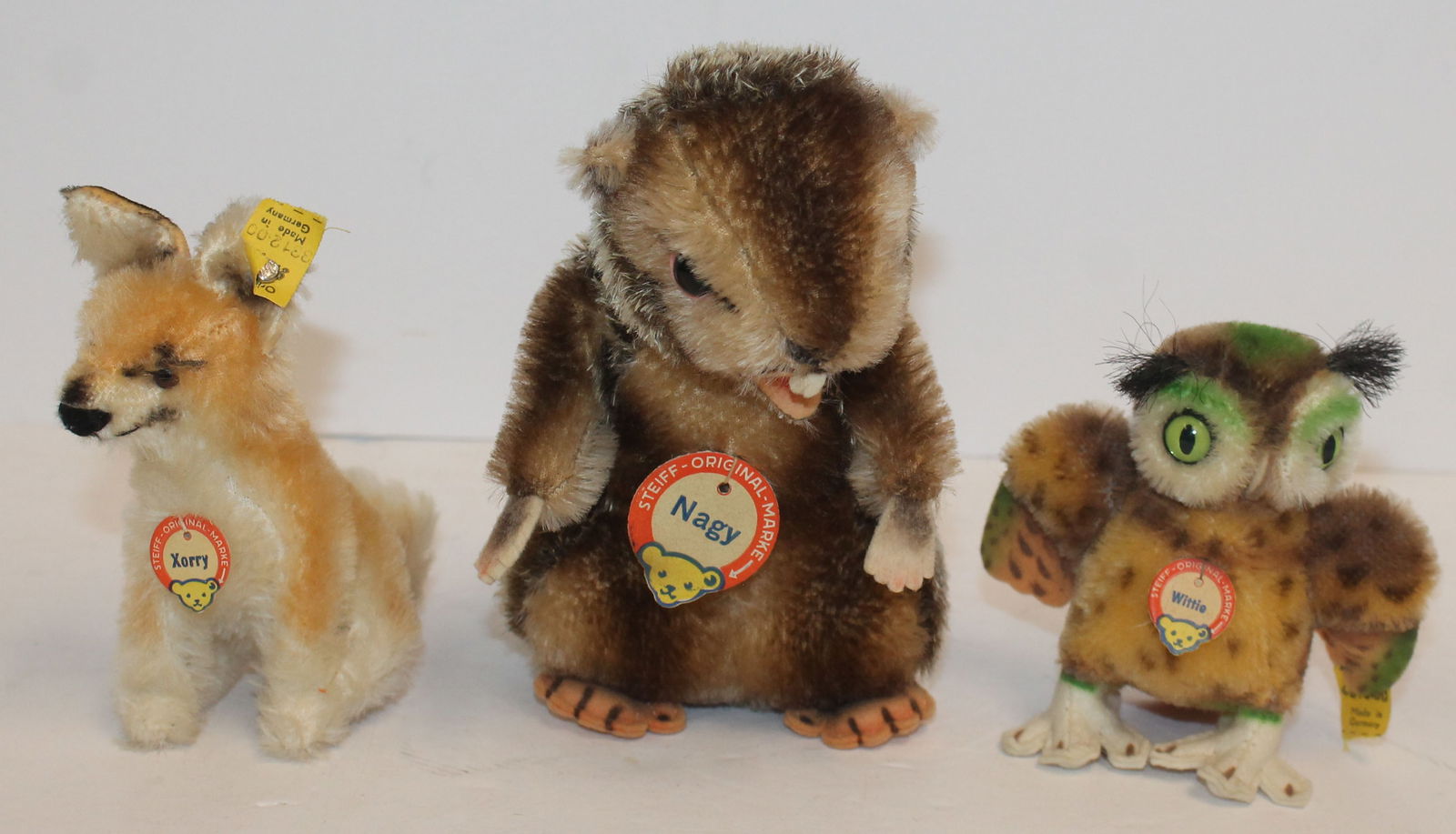 Lot of 3 Steiff stuffed toys incl 6" beaver "Nagy", 4" owl "Wittie" & 4 " fox "Xorry" - all w orig (1 of 5)