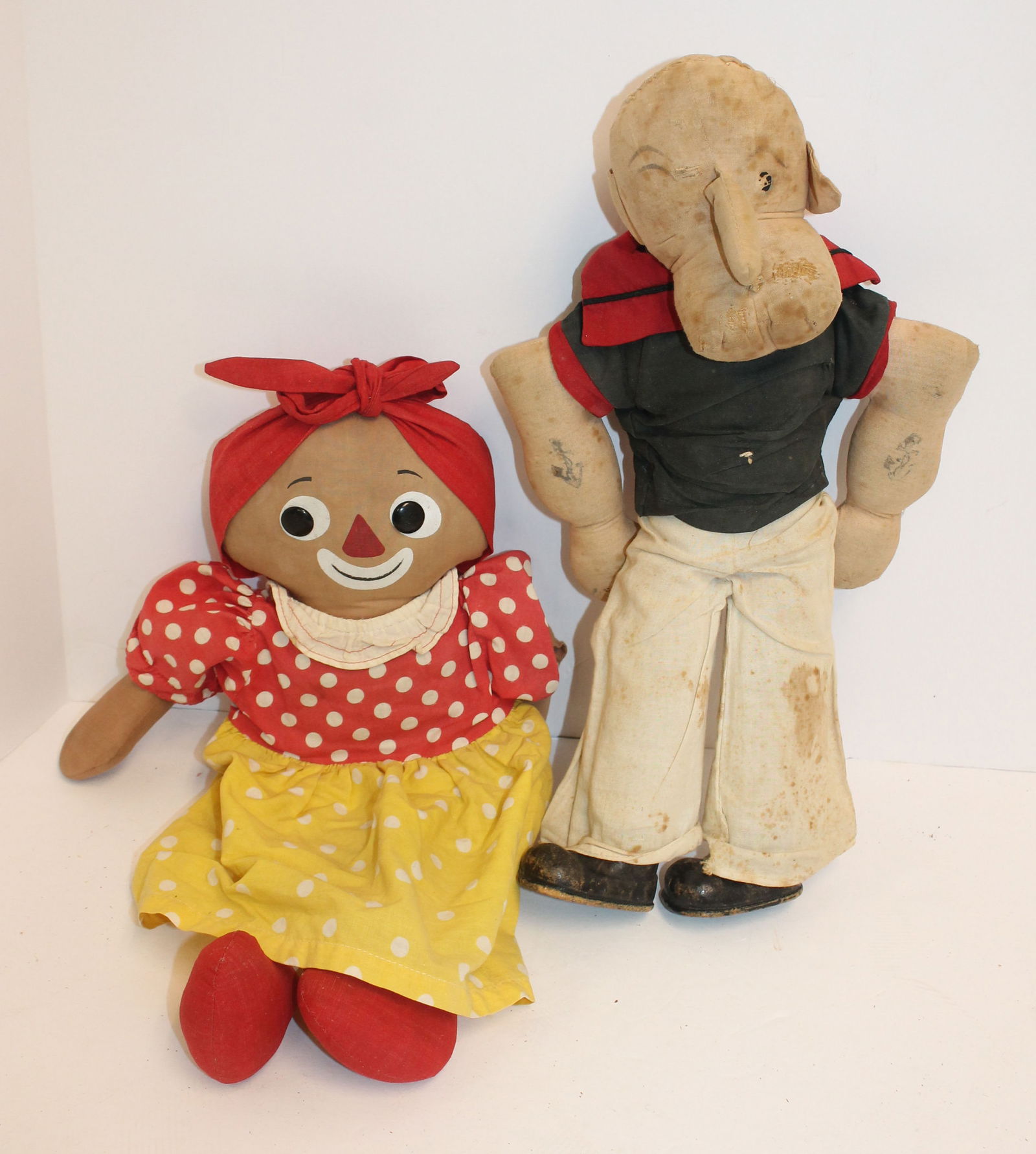 Lot of 2 vintage rag dolls incl Popeye (as found) & African American woman - 16" & 15" tall (1 of 5)