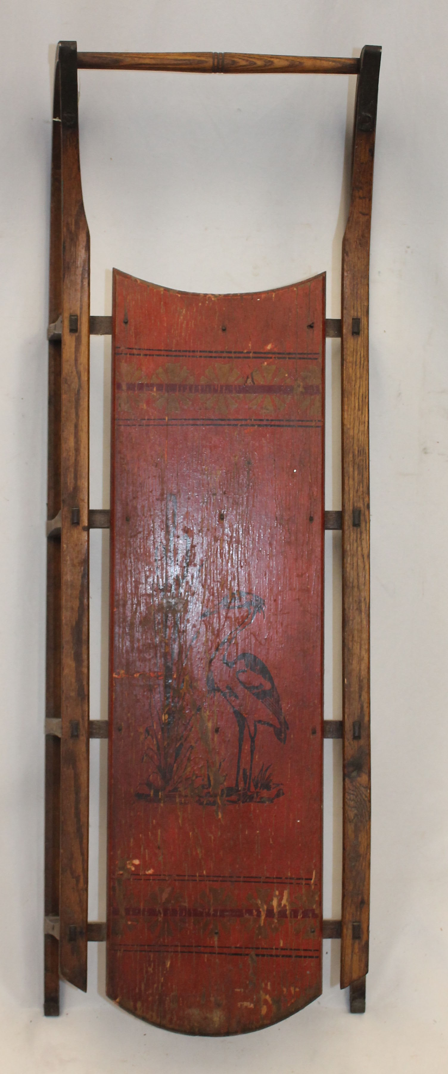 Antique wooden sled painted red w crane decoration - 39" long (1 of 3)