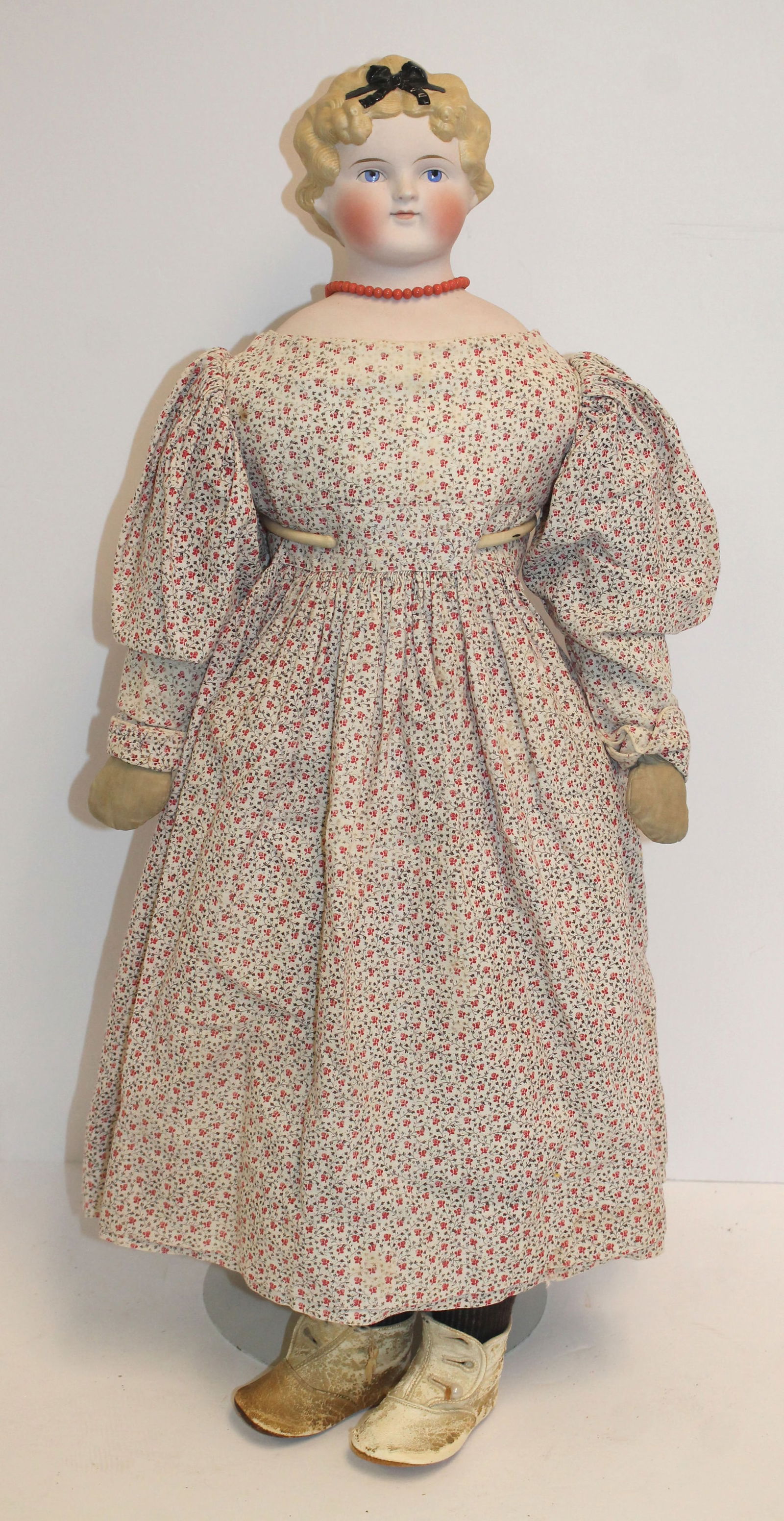 Large antique bisque head doll w blond hair & cloth body - 27" tall (1 of 5)