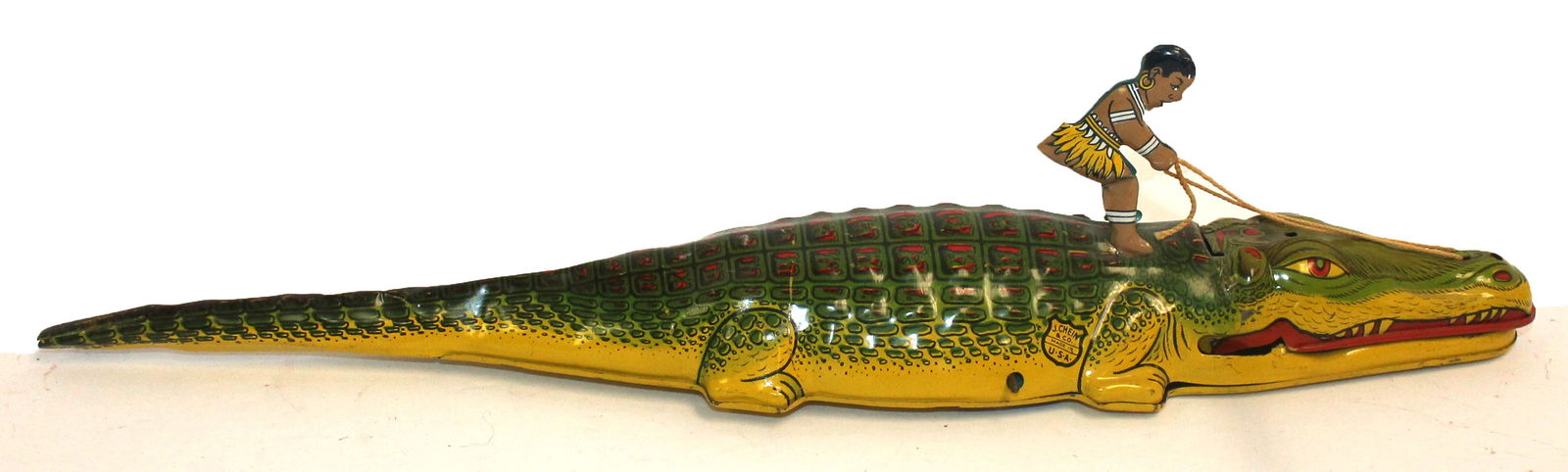 ca 1930's Chein tin wind up litho alligator w Native riding on his back - 15" long (1 of 7)