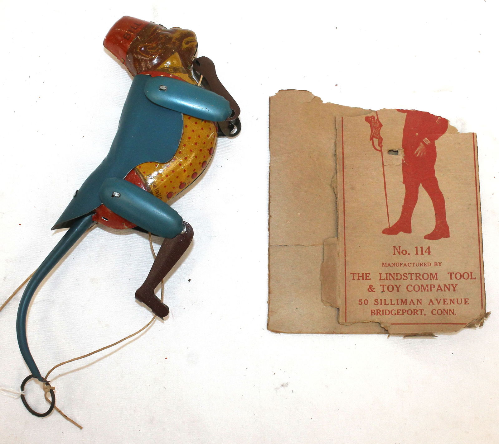 Lindstrom tin pull toy climbing monkey w partial orig box - 8" tall (1 of 4)