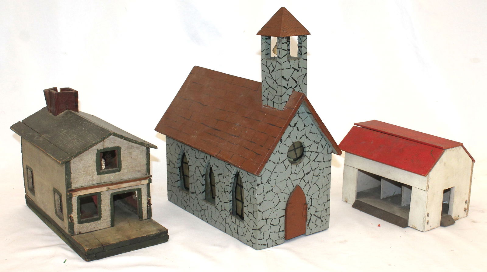 Lot of 3 wooden painted buildings incl 13" Church, 5" barn & 7" house (1 of 7)