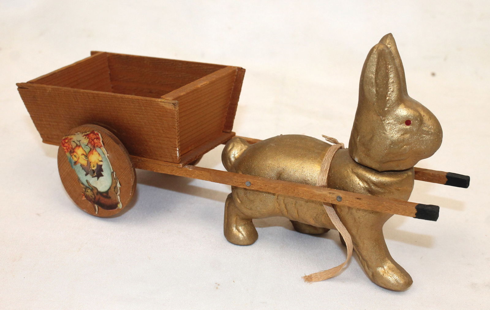 Vintage Easter bunny candy container pulling wooden cart - 9" long (1 of 3)