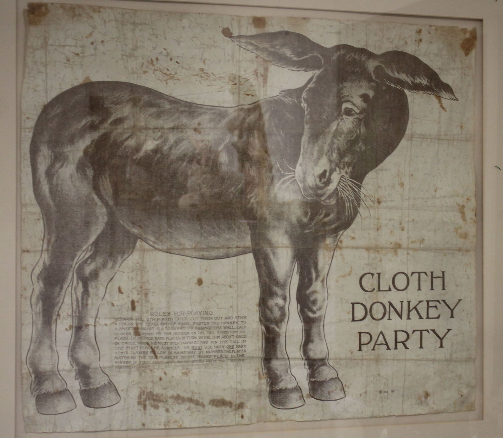 Antique framed "Cloth Donkey Party" pin the tail on the donkey game w 1913 copyright date - overall (1 of 8)