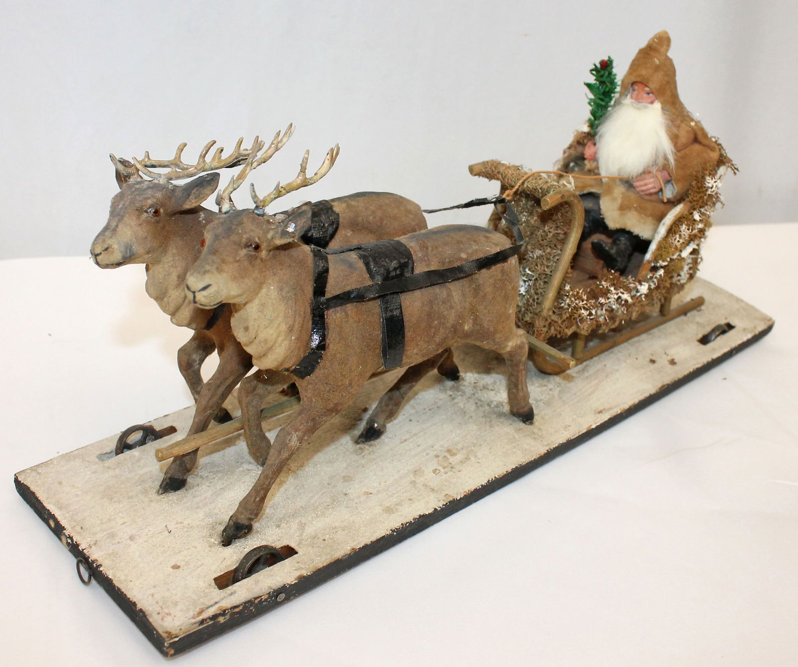 Wonderful antique Santa in sleigh w 2 reindeer pull toy - 15" long x 6 1/2" tall (1 of 10)