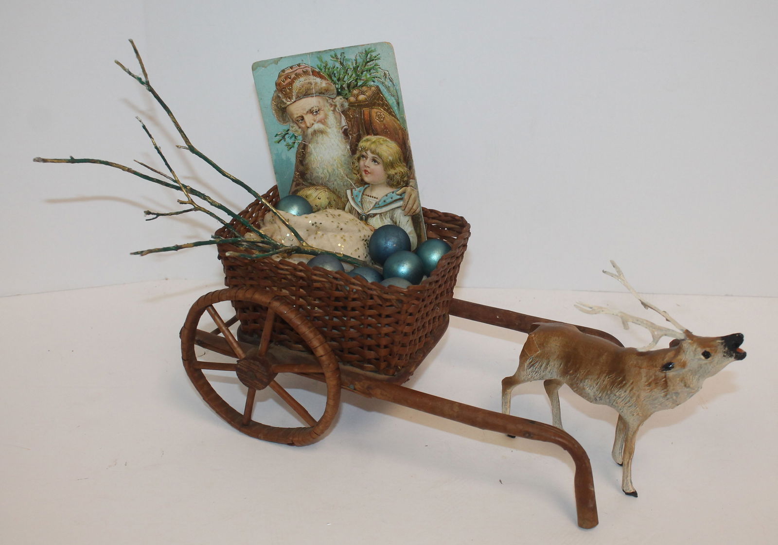 Vintage/Antique Christmas lot incl sleigh filled with postcard, ornaments & metal reindeer pulling (1 of 6)