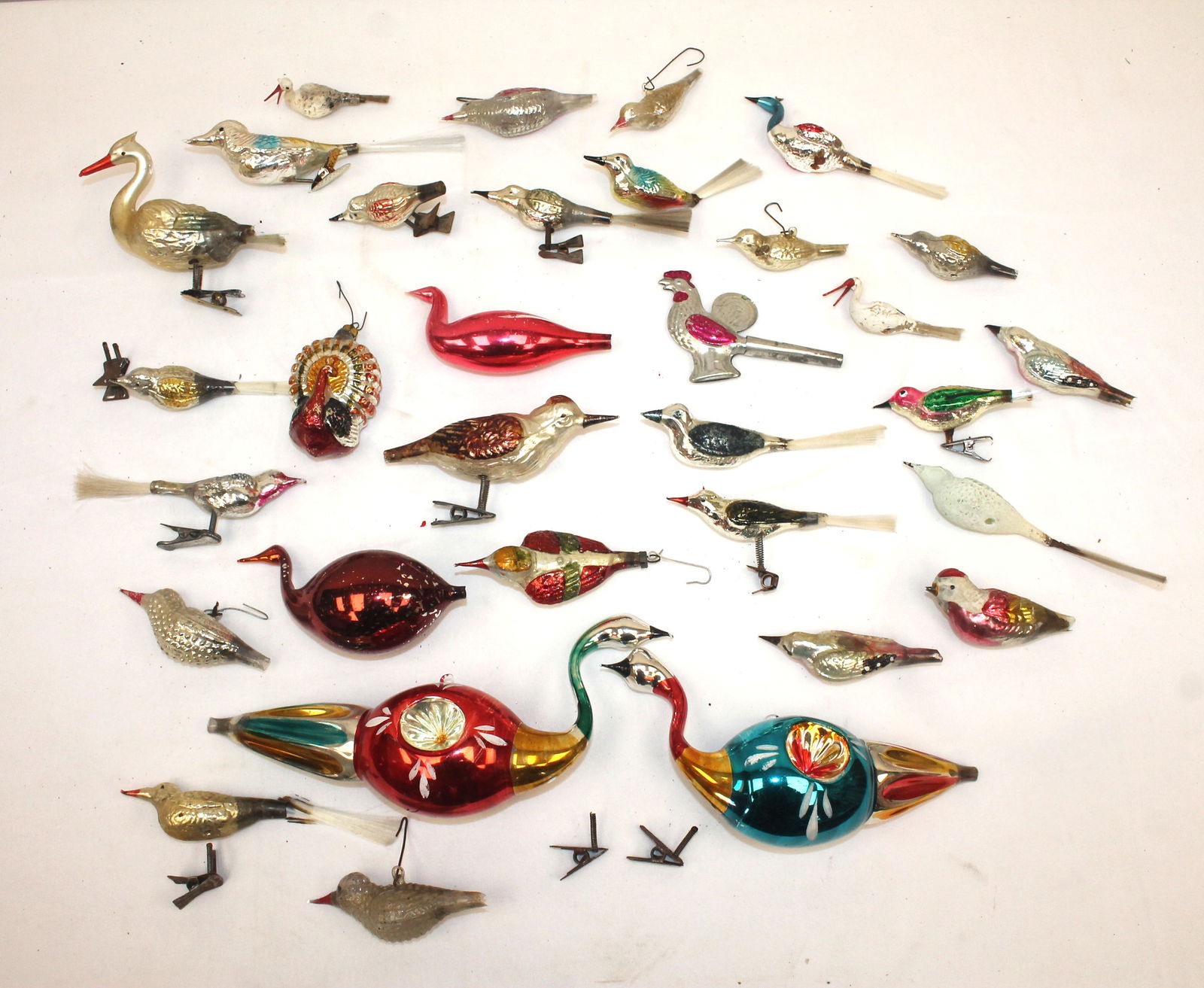 Lot of vintage/antique glass bird ornaments & tree clips - approx 34: Lot of vintage/antique glass bird ornaments & tree clips - approx 35