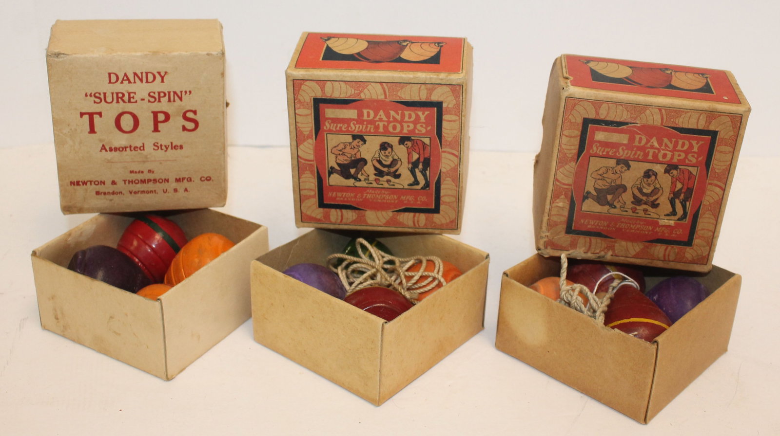 Lot of 3 antique orig boxed Dandy "Sure-Spin" Tops - 1 box missing strings: Lot of 3 antique orig boxed Dandy "Sure-Spin" Tops - 1 box missing strings