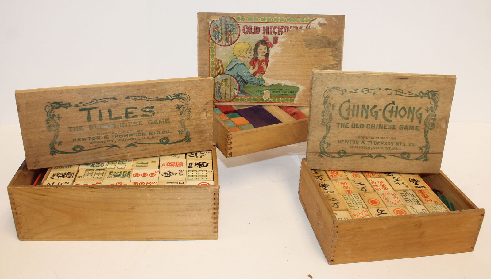 Lot of 3 antique orig wooden boxed games incl "Old Hickory Blocks", "Tiles The Old Chinese Game" & (1 of 9)