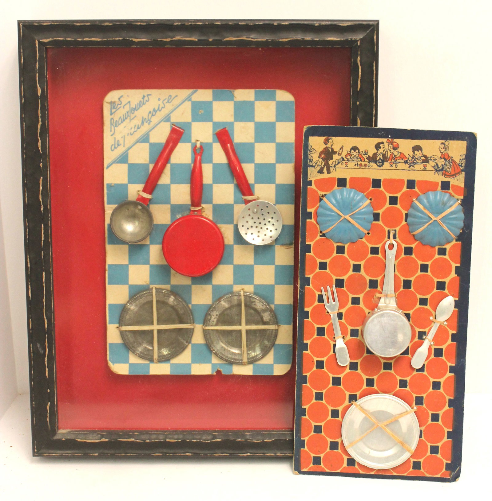 Lot of 2 Vintage French child pastry sets on orig cardboard backings - one framed - 16"xx13": Lot of 2 Vintage French child pastry sets on orig cardboard backings - one framed - 16"xx13"