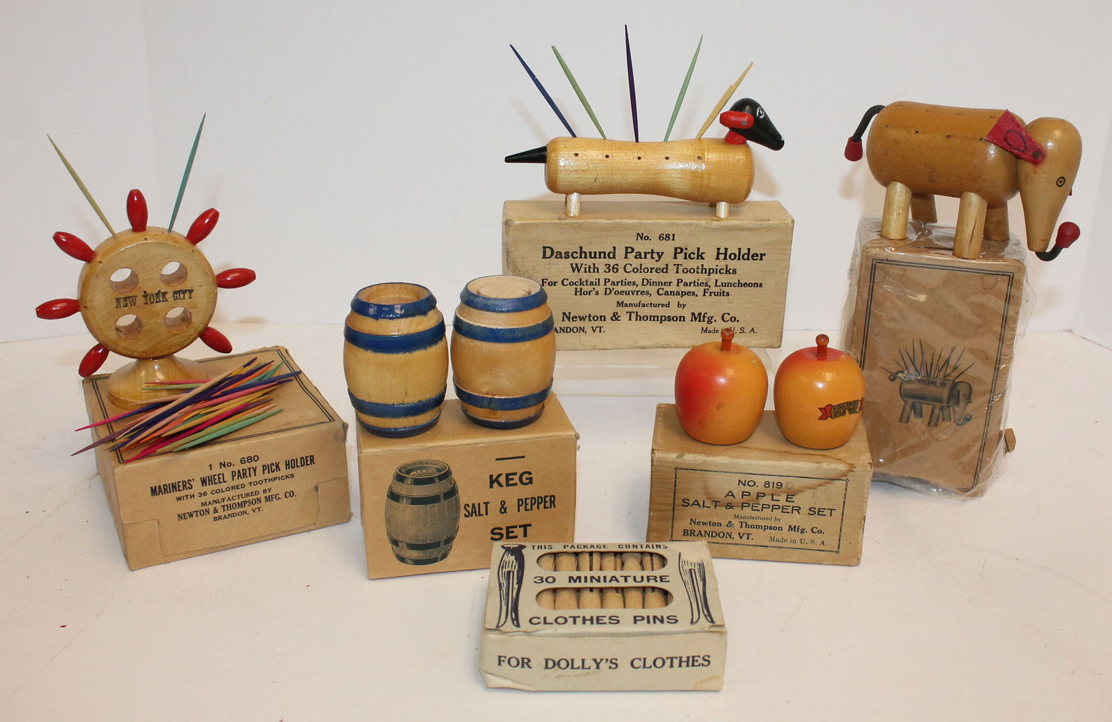 Lot of 6 vintage orig boxed household utility sets incl 3 toothpick holders, 2 salt & pepper sets (1 of 7)