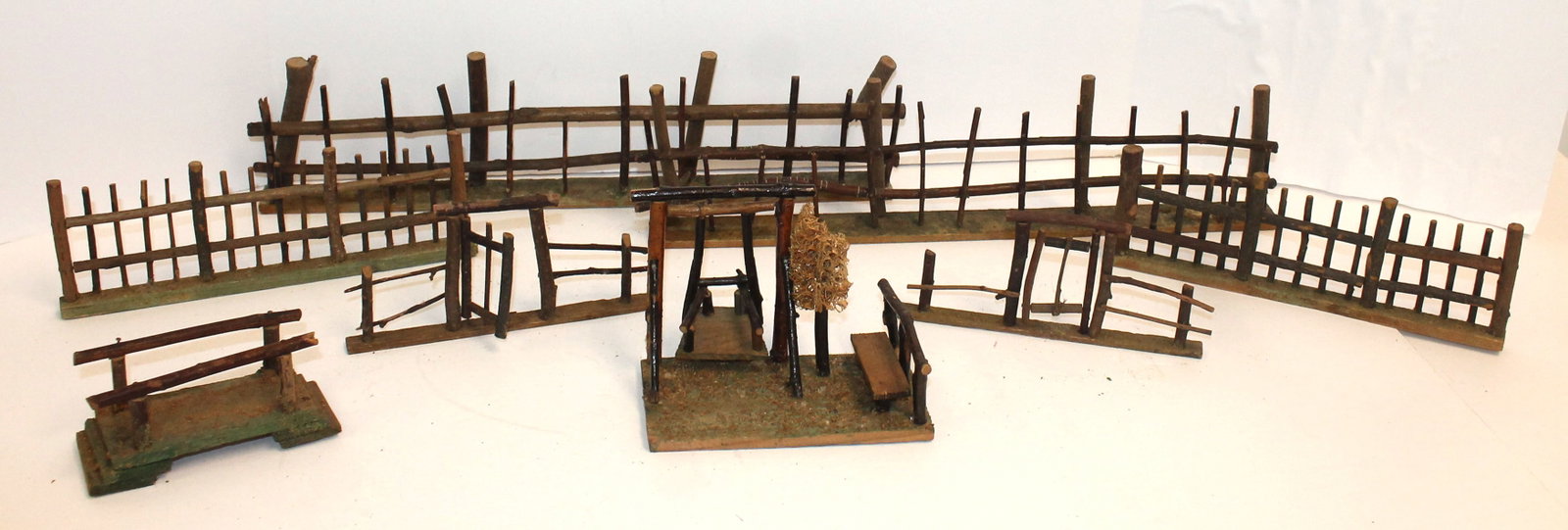 Lot of vintage twig incl fencing, a swing, bench, 5" bridge & 7" gate: Lot of vintage twig incl fencing, a swing, bench, 5" bridge & 7" gate