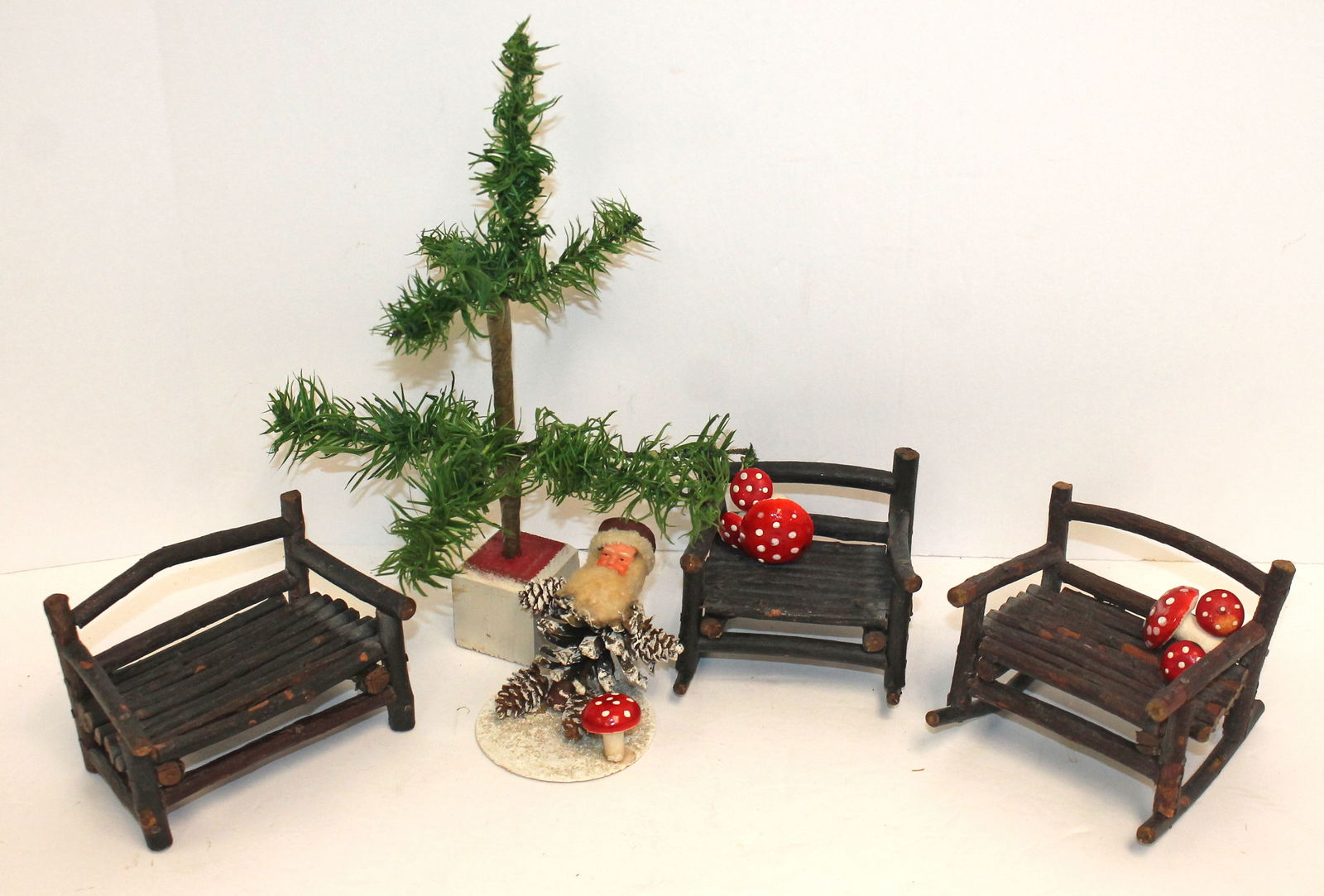 Vintage Christmas lot incl small feather tree, German pinecone Santa & twig chairs (1 of 6)