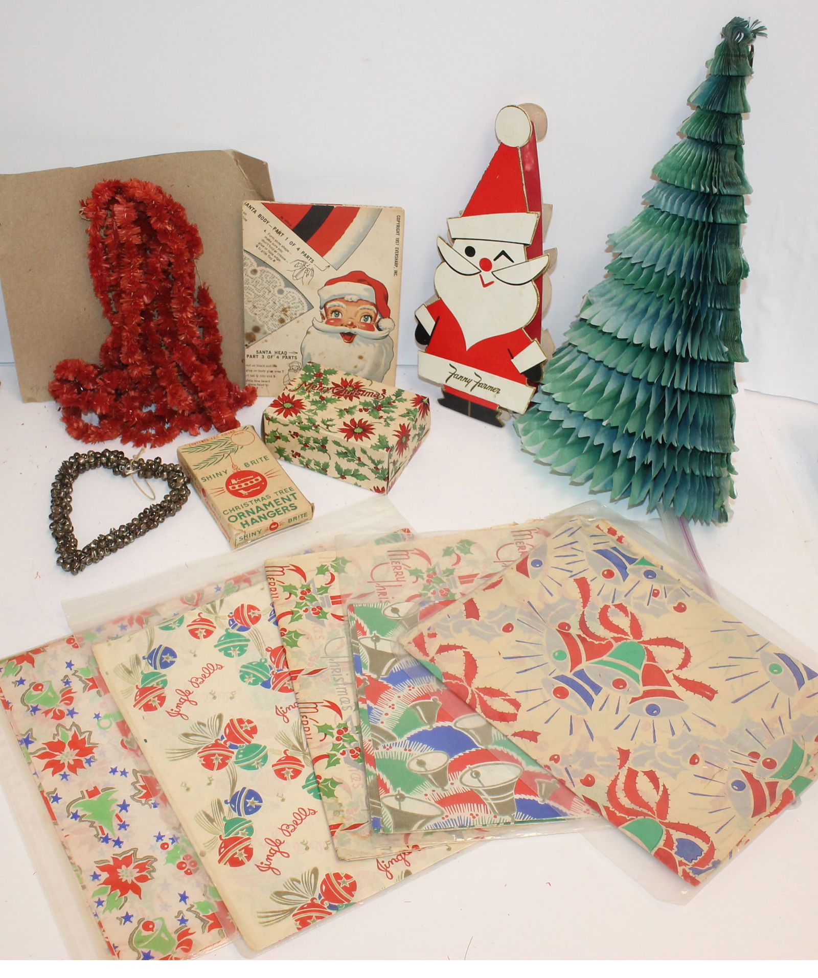 Lot of Christmas items incl chenille garland, gift box, Santa candy box, Paper Christmas tree, (1 of 7)